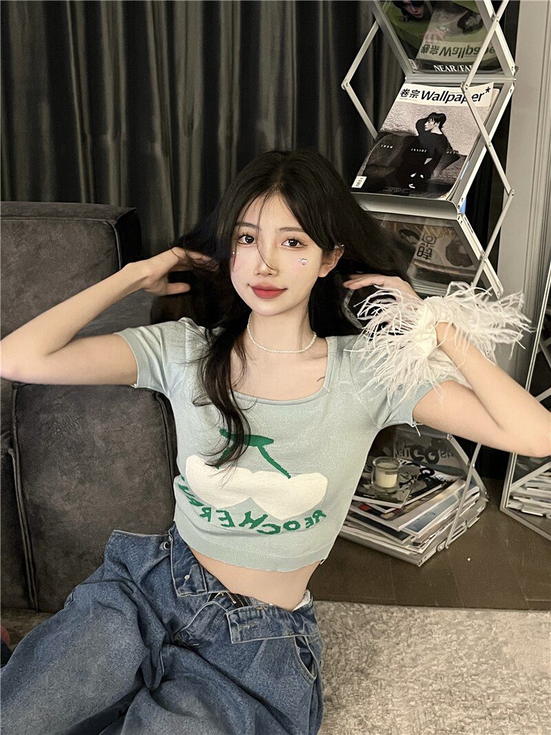 Jielur Knitted Summer Short T-Shirt Women 2022 New Short Sleeve Cherry Jacquard Crop Top Slim Chic Korean Sexy Lady T shirts