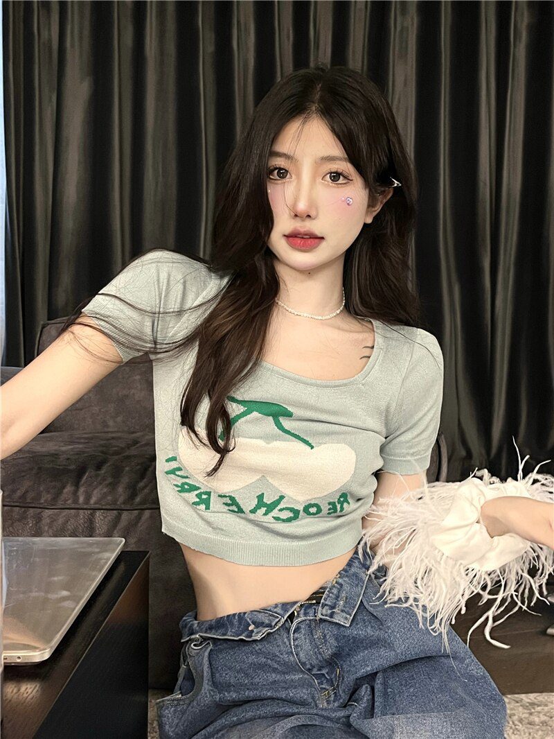 Jielur Knitted Summer Short T-Shirt Women 2022 New Short Sleeve Cherry Jacquard Crop Top Slim Chic Korean Sexy Lady T shirts