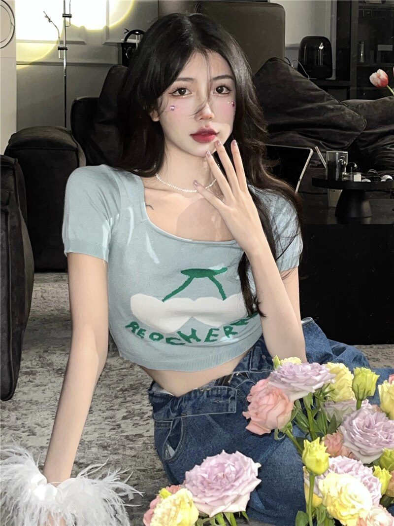 Jielur Knitted Summer Short T-Shirt Women 2022 New Short Sleeve Cherry Jacquard Crop Top Slim Chic Korean Sexy Lady T shirts