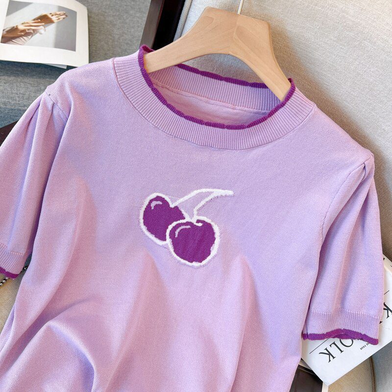 Jielur Summer New Sweet Contrast Women Blouse Slim Cherry Thin Knitted Short Sleeve Slim Fit White Purple Simple Pullover Blouse