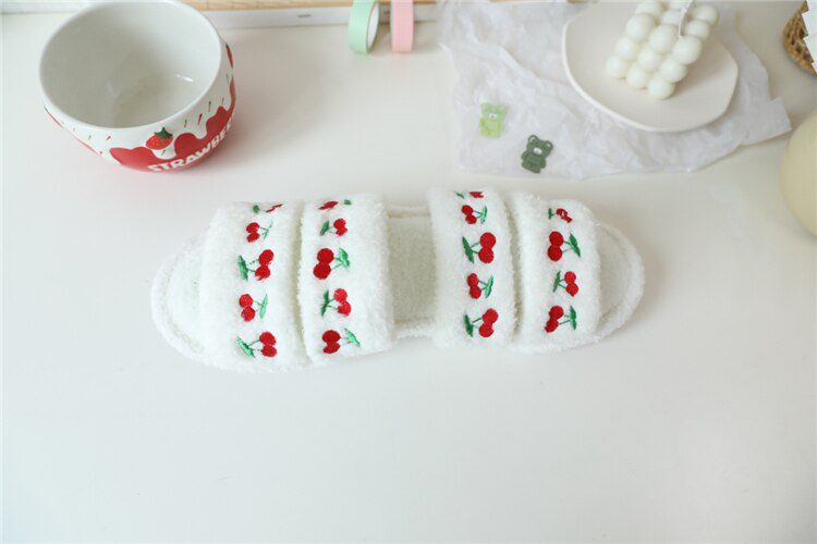 Strawberry Cherry embroidery summer fluffy slippers antiskid indoor slippers female women slippers shoes