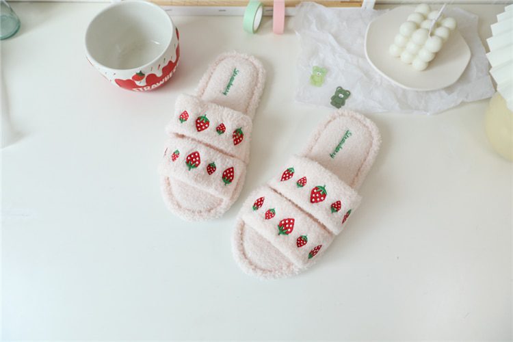 Strawberry Cherry embroidery summer fluffy slippers antiskid indoor slippers female women slippers shoes