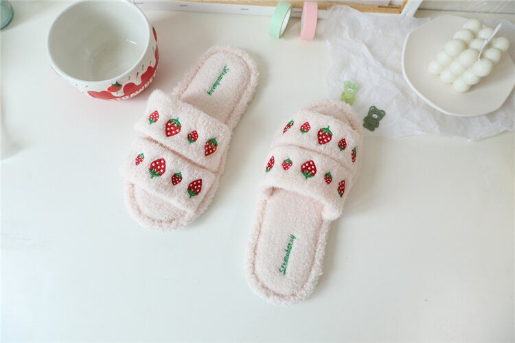 Strawberry Cherry embroidery summer fluffy slippers antiskid indoor slippers female women slippers shoes