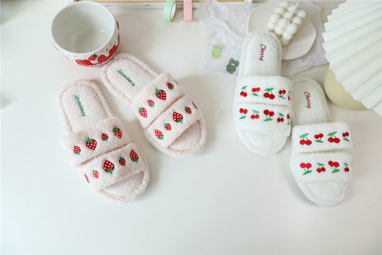 Strawberry Cherry embroidery summer fluffy slippers antiskid indoor slippers female women slippers shoes