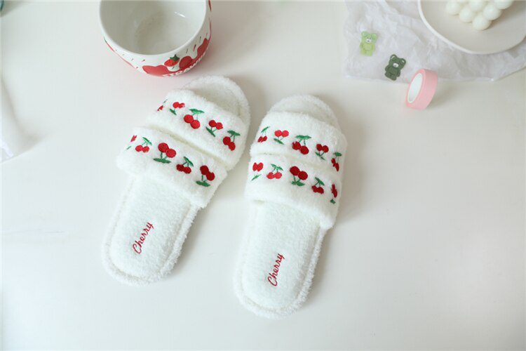 Strawberry Cherry embroidery summer fluffy slippers antiskid indoor slippers female women slippers shoes