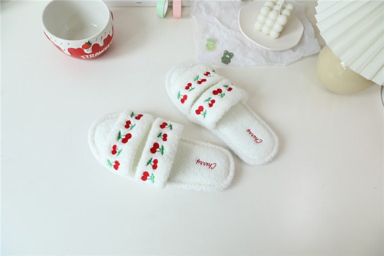 Strawberry Cherry embroidery summer fluffy slippers antiskid indoor slippers female women slippers shoes