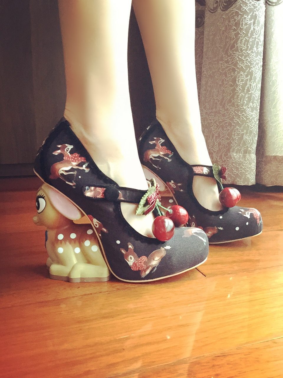 New Cute Fawn Heels Pumps Handmade Ladies Cherry Embellished Vivid Animal Shape Strange High Heels Wedding Shoes Lolita Shoes