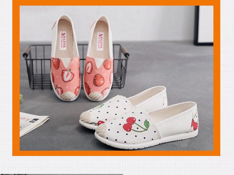 Women's Vulcanize Shoes for Woman Flip Footwear Flat Heel Dance Shoe Cotton Cherry Cute Floral Breathable Sneakers Design
