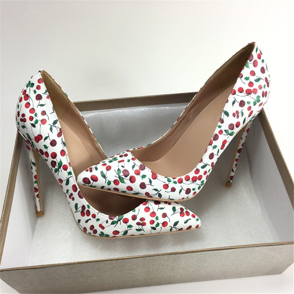 BuonoScarpe Women Printed Cherry High Heels 12CM Thin High Heel Pumps Shallow Mouth Pointed Toe Lady Wedding Shoes Big Size 44EU