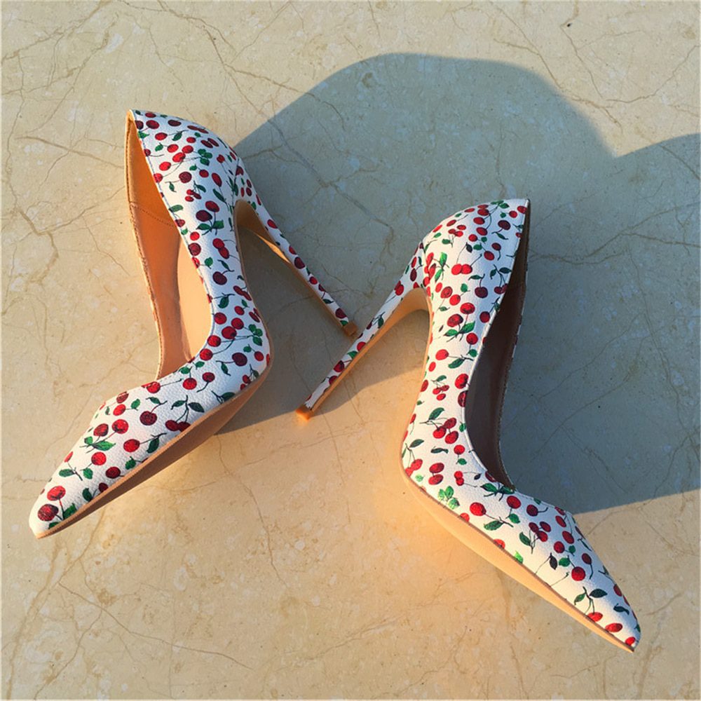 BuonoScarpe Women Printed Cherry High Heels 12CM Thin High Heel Pumps Shallow Mouth Pointed Toe Lady Wedding Shoes Big Size 44EU