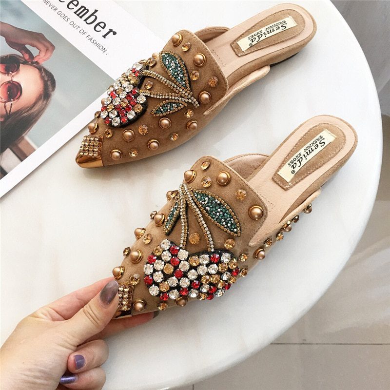 40-43 Big Size crystal cherry mules metalic pointed toe modern slippers women sandals summer shoes metal studs slides mujer 2021