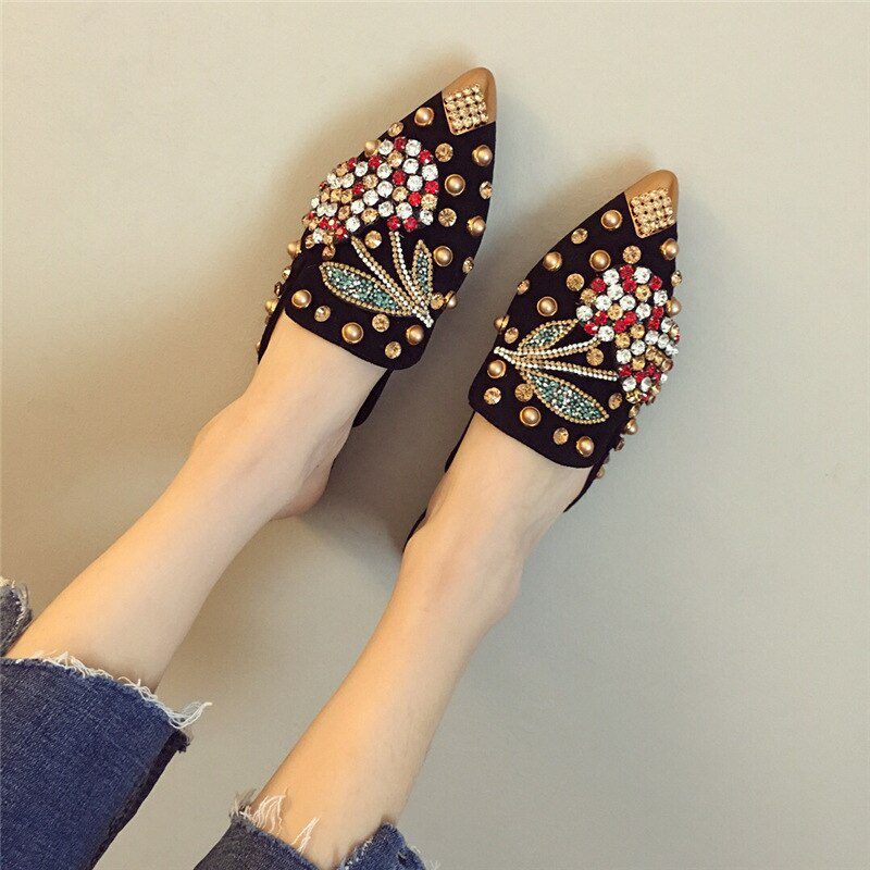 40-43 Big Size crystal cherry mules metalic pointed toe modern slippers women sandals summer shoes metal studs slides mujer 2021