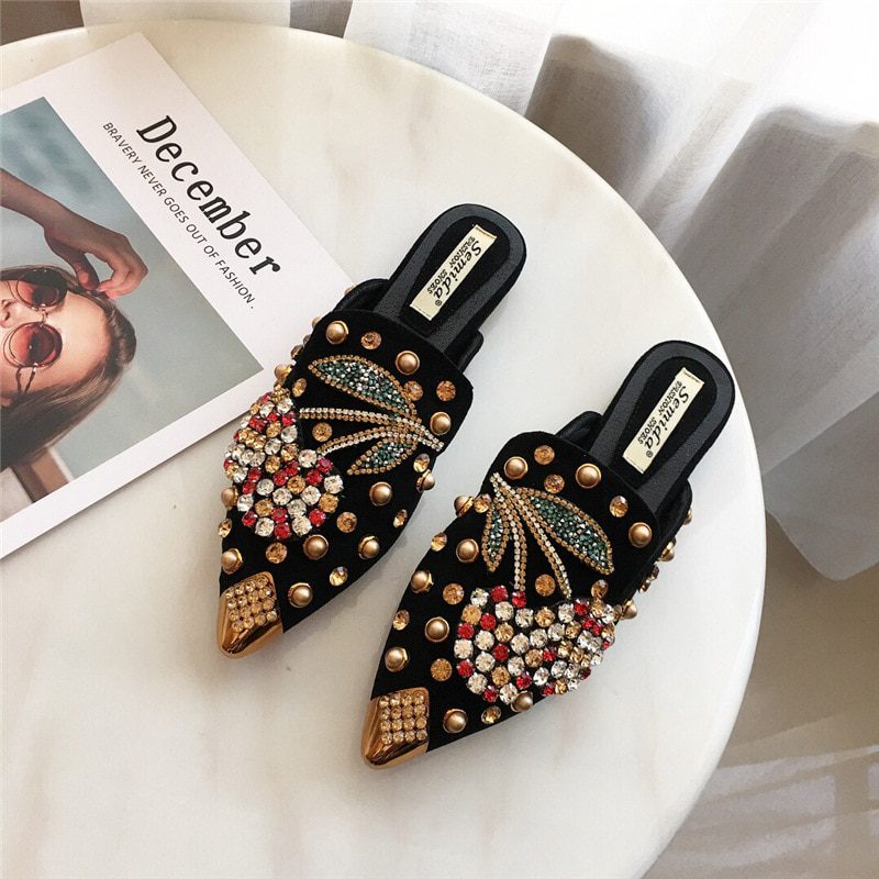 40-43 Big Size crystal cherry mules metalic pointed toe modern slippers women sandals summer shoes metal studs slides mujer 2021