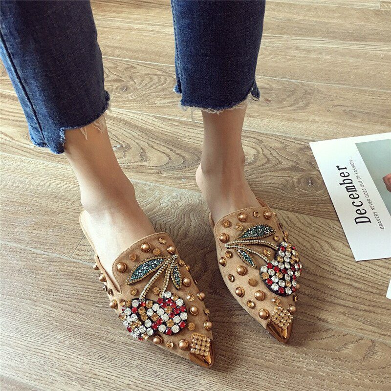 40-43 Big Size crystal cherry mules metalic pointed toe modern slippers women sandals summer shoes metal studs slides mujer 2021