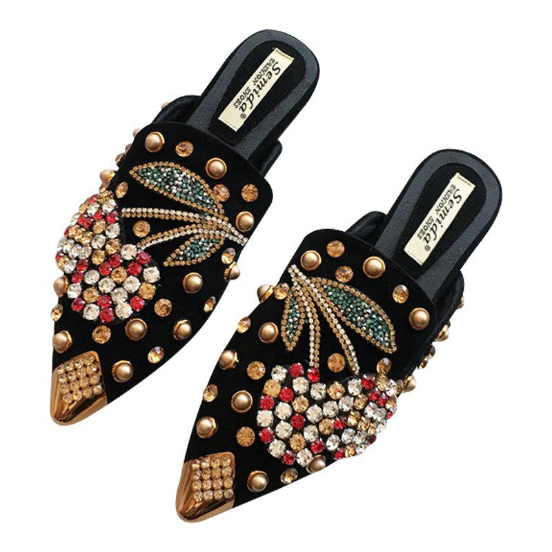 40-43 Big Size crystal cherry mules metalic pointed toe modern slippers women sandals summer shoes metal studs slides mujer 2021