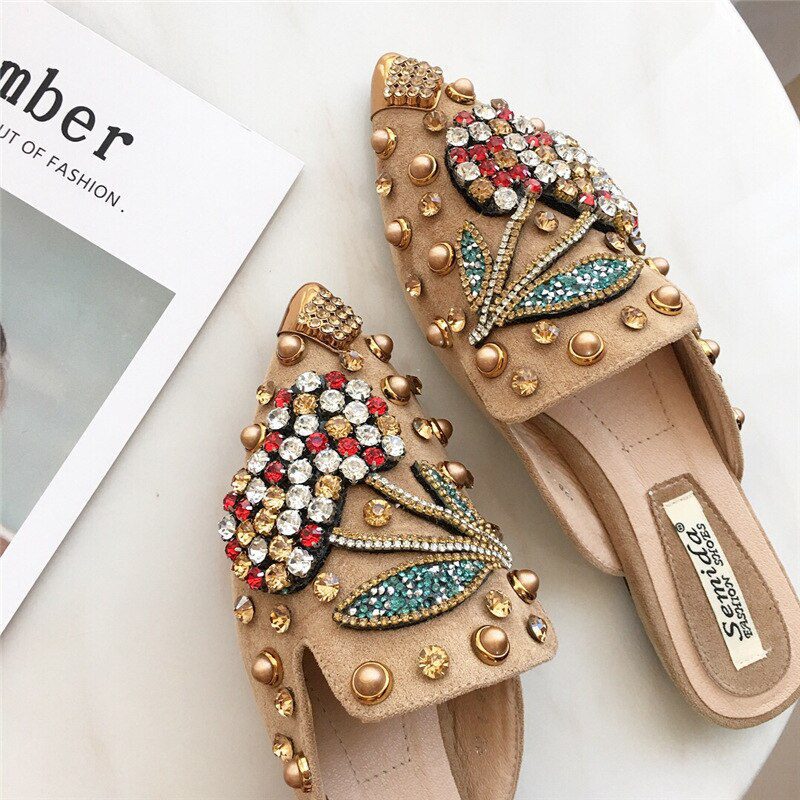 40-43 Big Size crystal cherry mules metalic pointed toe modern slippers women sandals summer shoes metal studs slides mujer 2021