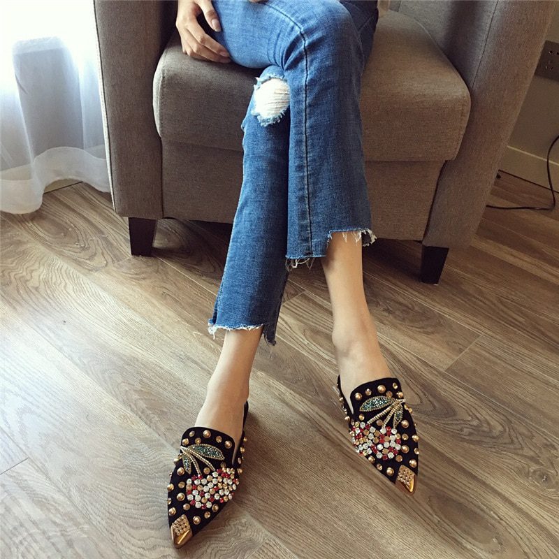 40-43 Big Size crystal cherry mules metalic pointed toe modern slippers women sandals summer shoes metal studs slides mujer 2021