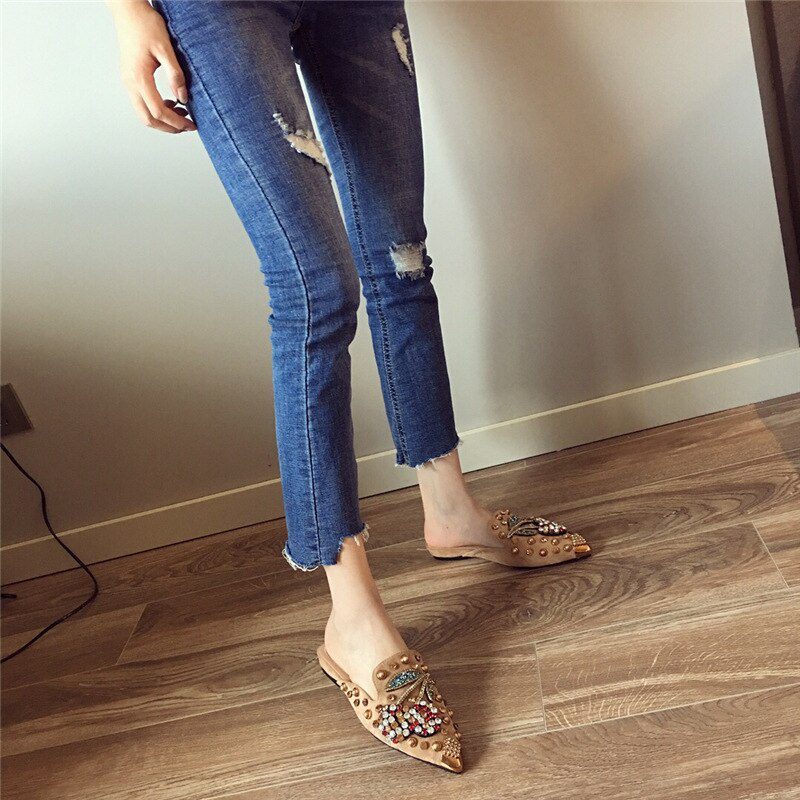 40-43 Big Size crystal cherry mules metalic pointed toe modern slippers women sandals summer shoes metal studs slides mujer 2021