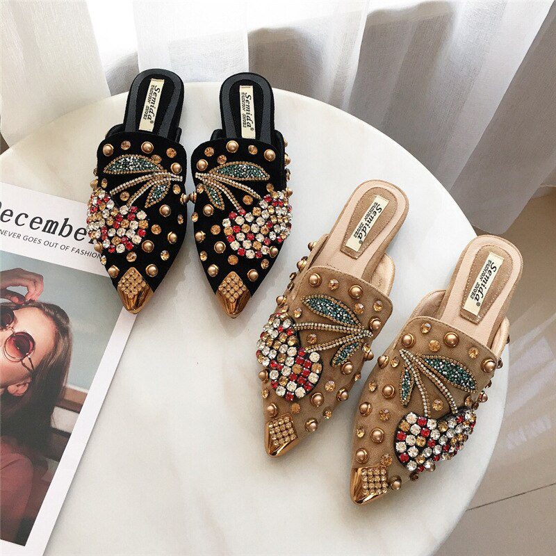 40-43 Big Size crystal cherry mules metalic pointed toe modern slippers women sandals summer shoes metal studs slides mujer 2021