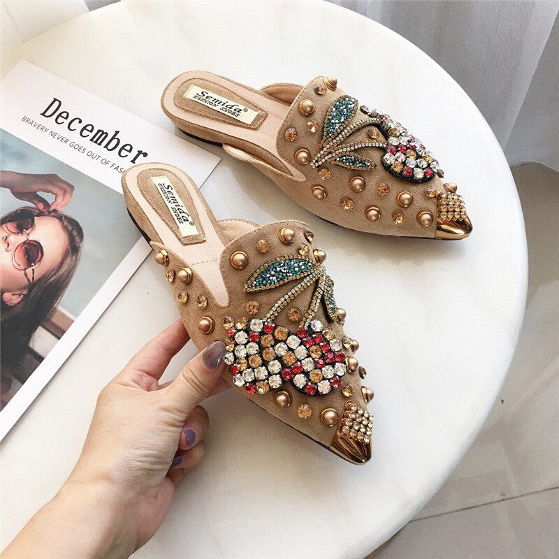 40-43 Big Size crystal cherry mules metalic pointed toe modern slippers women sandals summer shoes metal studs slides mujer 2021