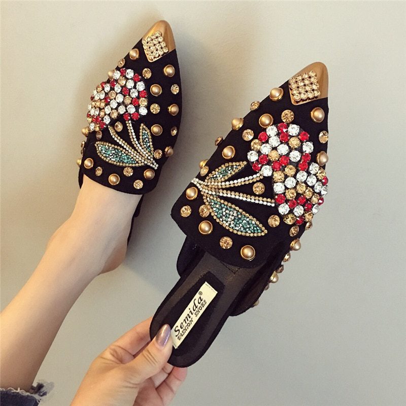 40-43 Big Size crystal cherry mules metalic pointed toe modern slippers women sandals summer shoes metal studs slides mujer 2021