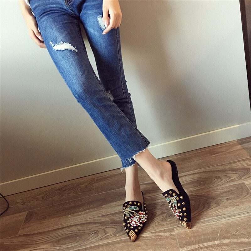 40-43 Big Size crystal cherry mules metalic pointed toe modern slippers women sandals summer shoes metal studs slides mujer 2021