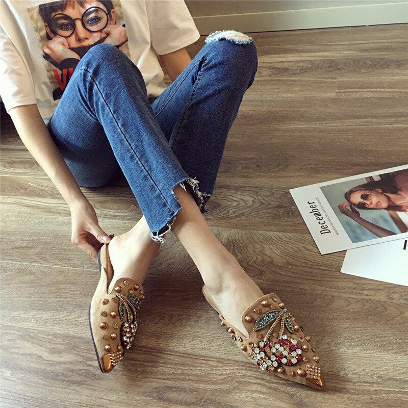 40-43 Big Size crystal cherry mules metalic pointed toe modern slippers women sandals summer shoes metal studs slides mujer 2021