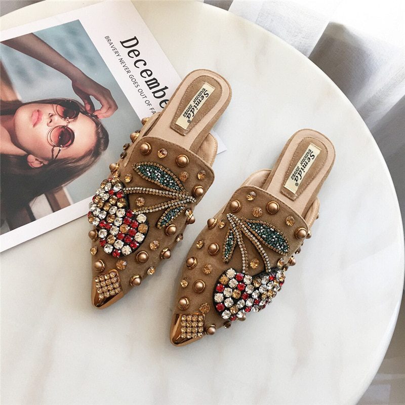 40-43 Big Size crystal cherry mules metalic pointed toe modern slippers women sandals summer shoes metal studs slides mujer 2021