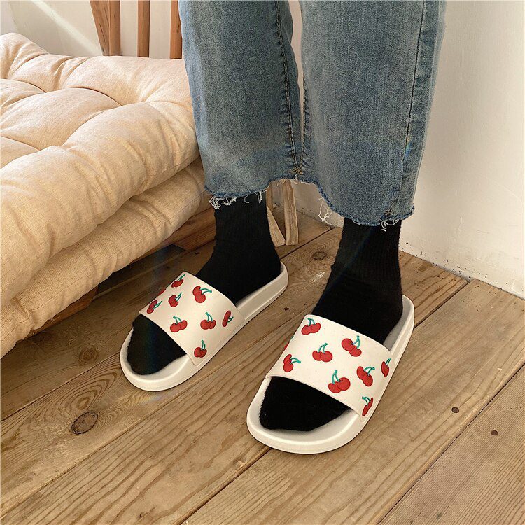 fresh cherry slippers women mixed color beach sandals women fruit decoration flip flops girl's holiday flat sandalias mujer 2020