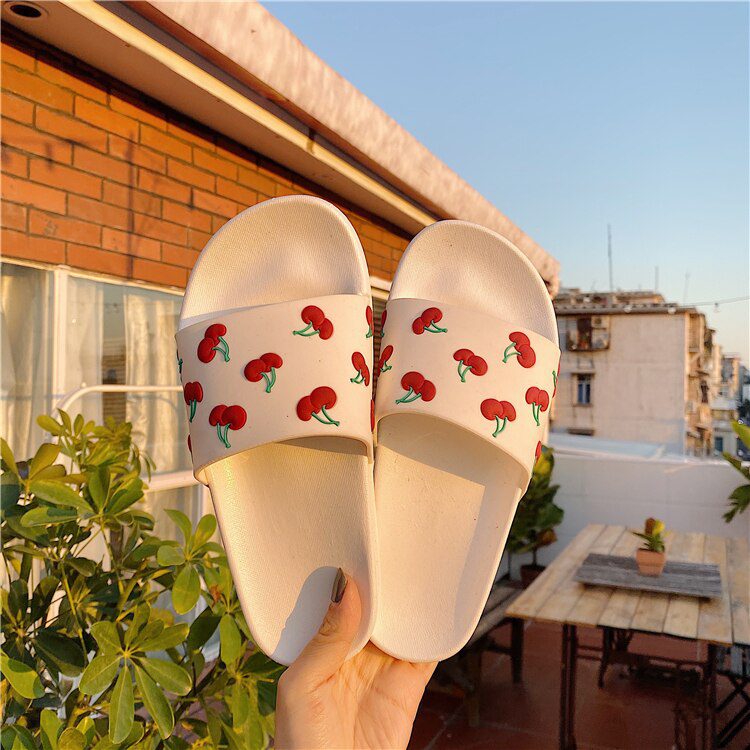 fresh cherry slippers women mixed color beach sandals women fruit decoration flip flops girl's holiday flat sandalias mujer 2020