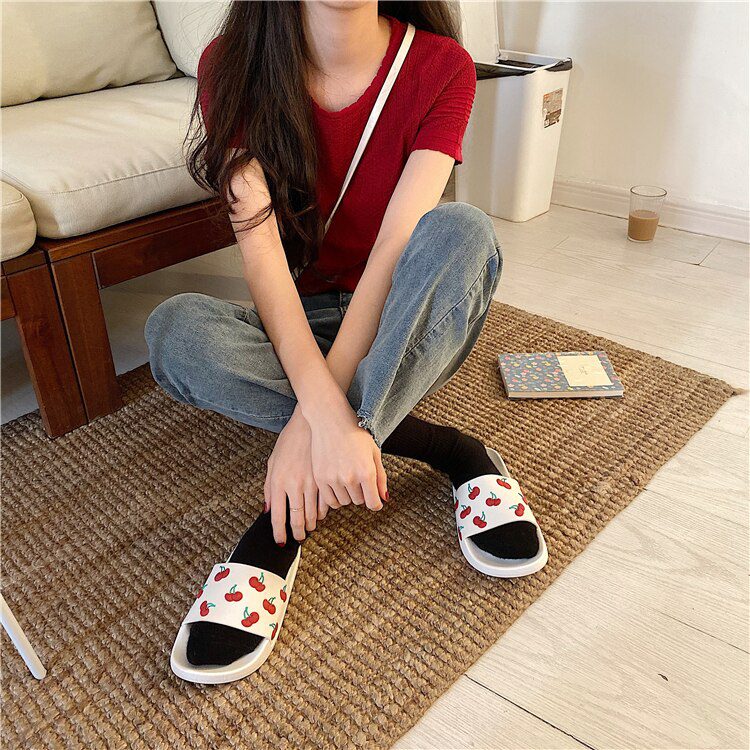 fresh cherry slippers women mixed color beach sandals women fruit decoration flip flops girl's holiday flat sandalias mujer 2020