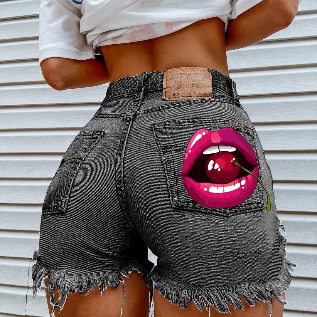 Summer Hot Sale Cherry Lips Casual Fashion Print Tassel Ripped Denim Shorts Wholesale