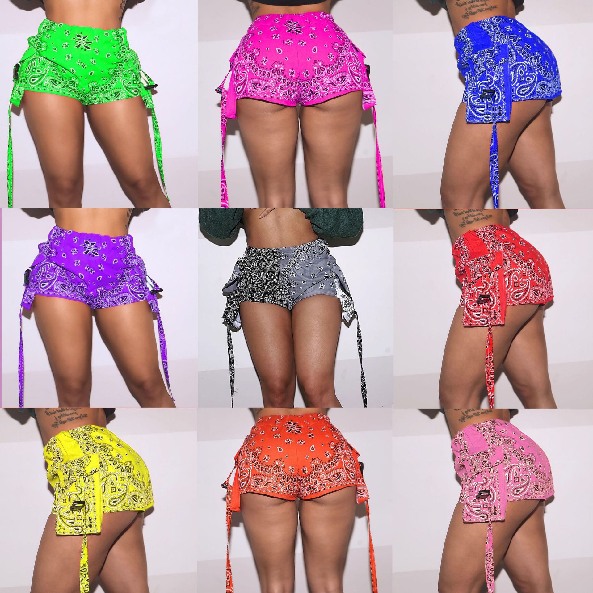 Bandana Paisley Women Shorts 2021 Summer High Waist Slim Biker Shorts with Pocket Fitness Neon Workout Activewear Cargo Shorts