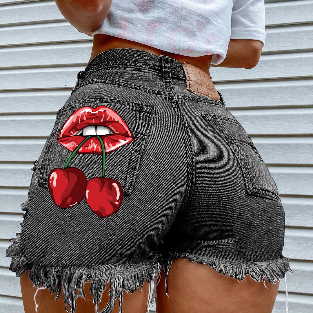 Sexy Heart Print Jean Shorts Women Casual 2023 Summer Fashion harajuku Streetwear Fur-Lined Leg-Openings Denim Booty Shorts y2k