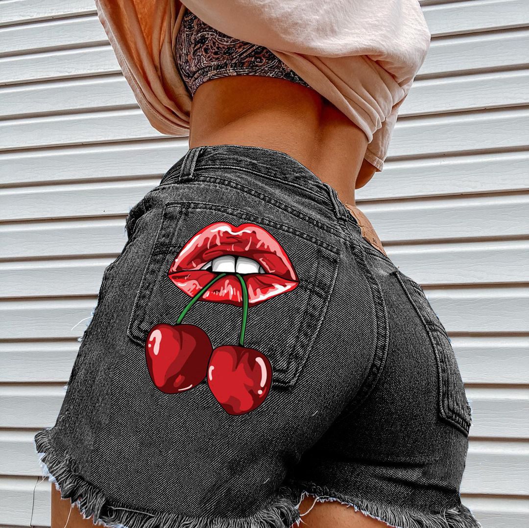 Sexy Heart Print Jean Shorts Women Casual 2023 Summer Fashion harajuku Streetwear Fur-Lined Leg-Openings Denim Booty Shorts y2k