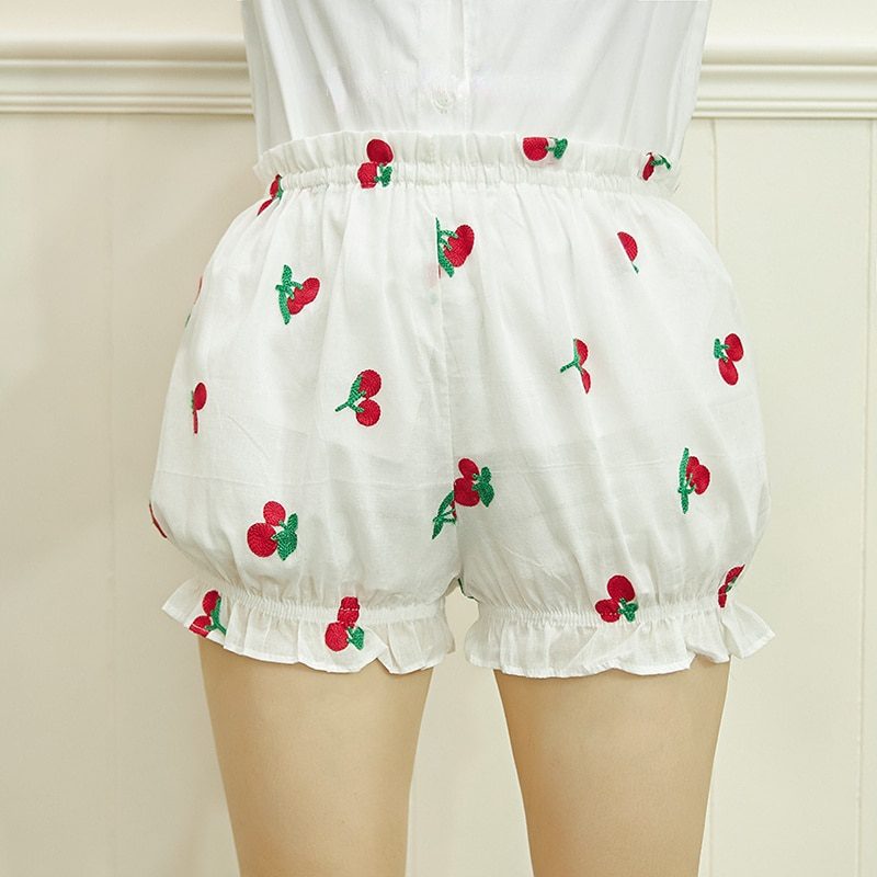 Kawaii Cherry Embroidery Knickers Women Elastic Waist Cute Lolita Safety Shorts Sweet Pumpkin Panties Girl Home Wear Short Pants