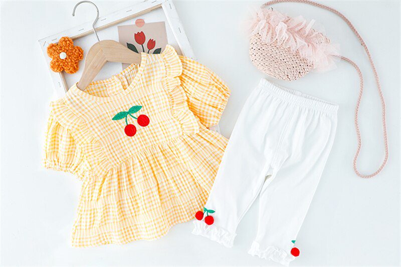 Baby Girls Clothing Sets Summer Toddler Infant Outfits Kids Lace Cherry Plaid T Shirt Pants Children Casual Vacation Clothes