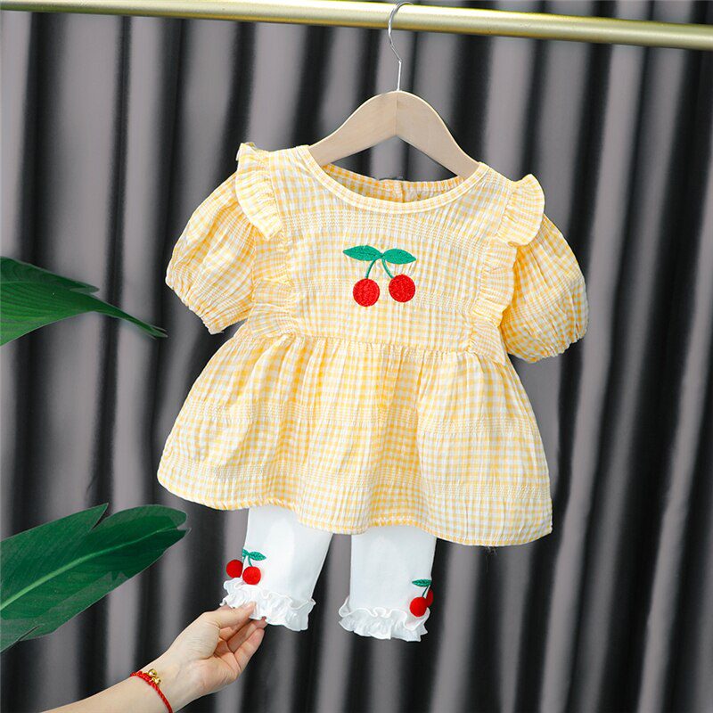 Baby Girls Clothing Sets Summer Toddler Infant Outfits Kids Lace Cherry Plaid T Shirt Pants Children Casual Vacation Clothes