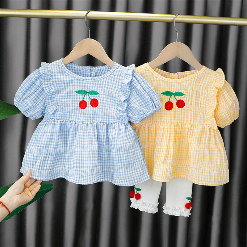 Baby Girls Clothing Sets Summer Toddler Infant Outfits Kids Lace Cherry Plaid T Shirt Pants Children Casual Vacation Clothes