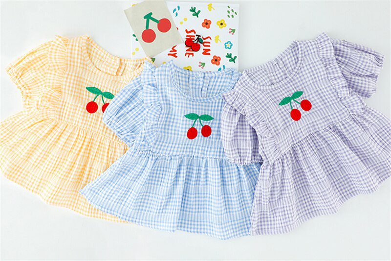 Baby Girls Clothing Sets Summer Toddler Infant Outfits Kids Lace Cherry Plaid T Shirt Pants Children Casual Vacation Clothes