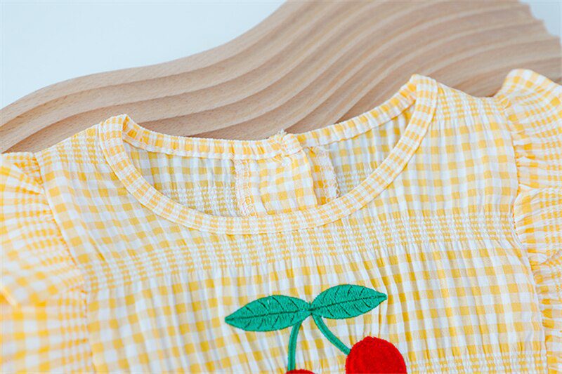 Baby Girls Clothing Sets Summer Toddler Infant Outfits Kids Lace Cherry Plaid T Shirt Pants Children Casual Vacation Clothes