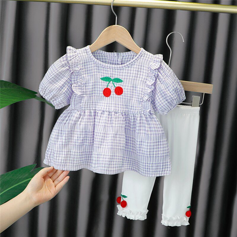 Baby Girls Clothing Sets Summer Toddler Infant Outfits Kids Lace Cherry Plaid T Shirt Pants Children Casual Vacation Clothes