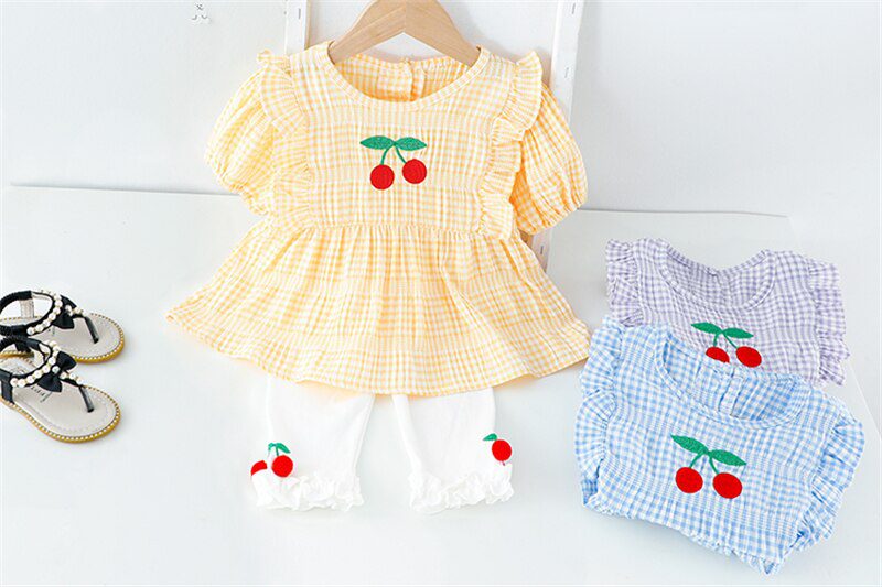 Baby Girls Clothing Sets Summer Toddler Infant Outfits Kids Lace Cherry Plaid T Shirt Pants Children Casual Vacation Clothes