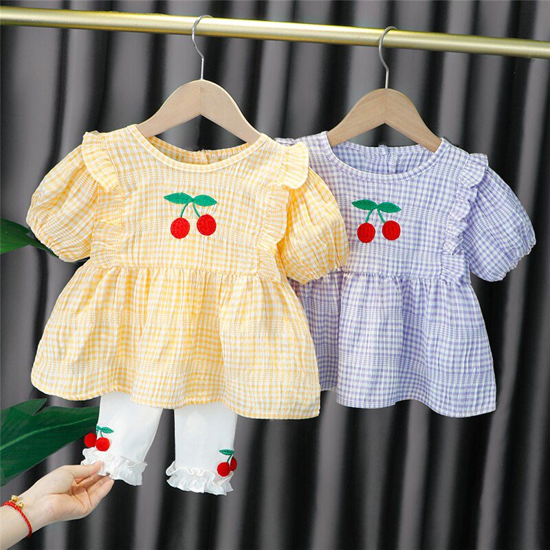 Baby Girls Clothing Sets Summer Toddler Infant Outfits Kids Lace Cherry Plaid T Shirt Pants Children Casual Vacation Clothes