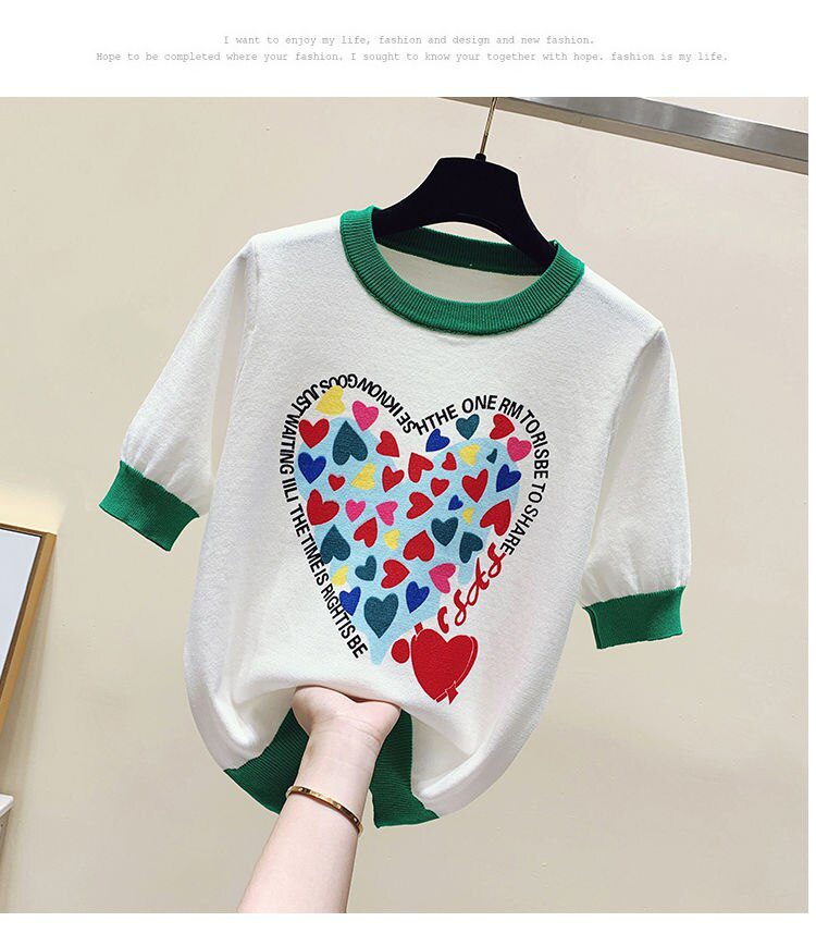 Summer Large 2XL Comfort Cotton Knitted T Shirts Cute Love Heart Print Graphic Tee Korean Japan Fashion Office Ladies Tops Mujer