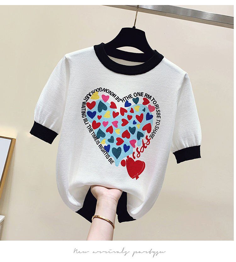 Summer Large 2XL Comfort Cotton Knitted T Shirts Cute Love Heart Print Graphic Tee Korean Japan Fashion Office Ladies Tops Mujer