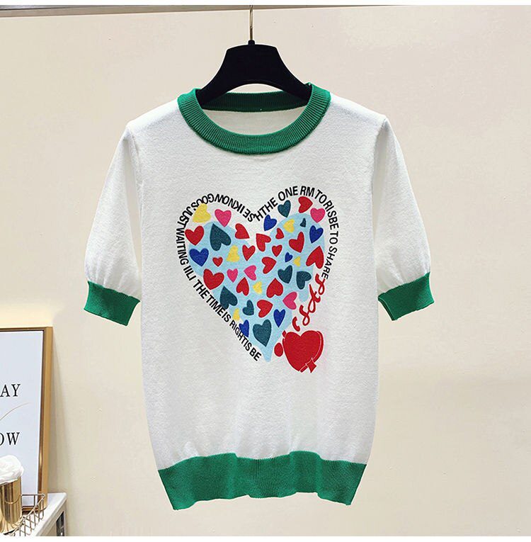 Summer Large 2XL Comfort Cotton Knitted T Shirts Cute Love Heart Print Graphic Tee Korean Japan Fashion Office Ladies Tops Mujer