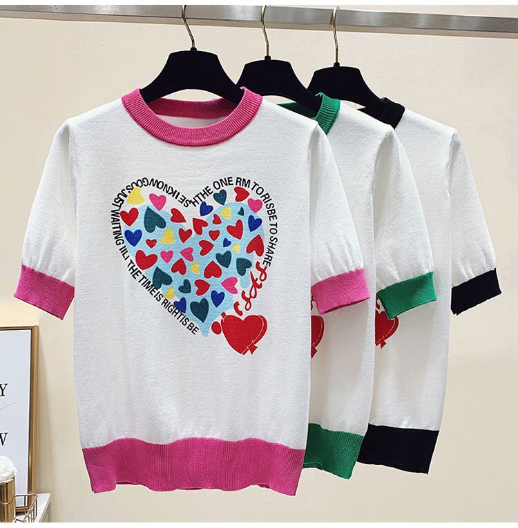 Summer Large 2XL Comfort Cotton Knitted T Shirts Cute Love Heart Print Graphic Tee Korean Japan Fashion Office Ladies Tops Mujer