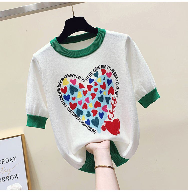 Summer Large 2XL Comfort Cotton Knitted T Shirts Cute Love Heart Print Graphic Tee Korean Japan Fashion Office Ladies Tops Mujer