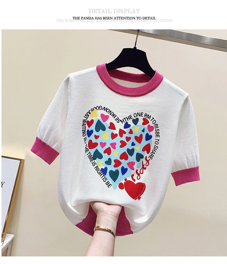 Summer Large 2XL Comfort Cotton Knitted T Shirts Cute Love Heart Print Graphic Tee Korean Japan Fashion Office Ladies Tops Mujer